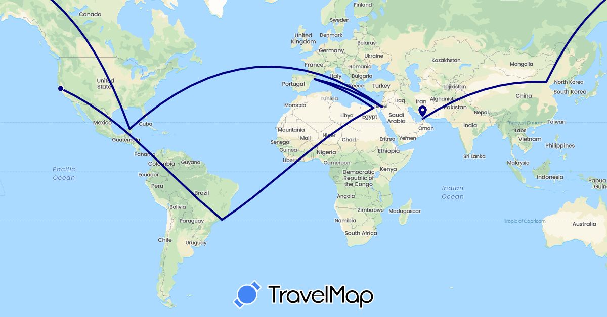 TravelMap itinerary: driving in United Arab Emirates, Brazil, China, Egypt, Spain, Jordan, Mexico, United States (Africa, Asia, Europe, North America, South America)